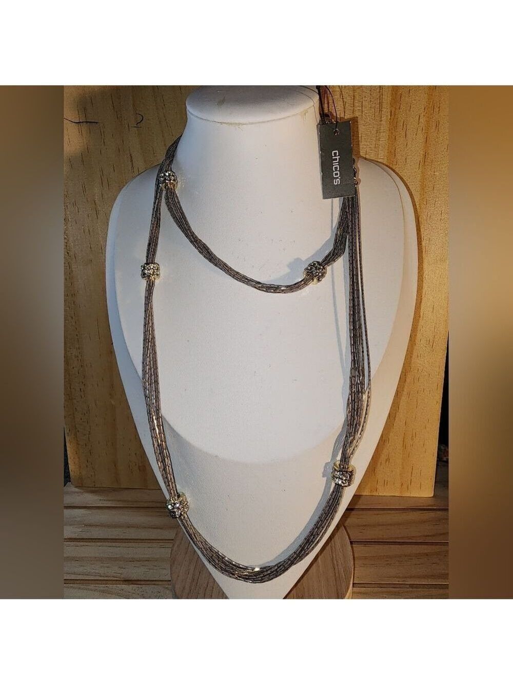 Chico's Multi Strand Goldtone Snake Chain Stationary Beads W Marcasite NWT 43"